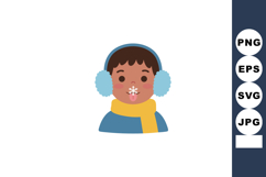 Child with blue earmuffs yellow scarf catching snowflake on Product Image 1