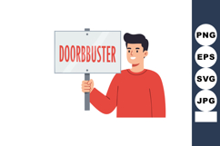 Young man holding doorbuster sign in red sweater vector illu Product Image 1