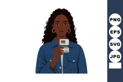 Woman holding barcode tickets in blue jacket vector illustra Product Image 1