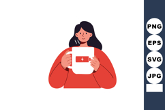 Woman holding white cup with low battery sign in red sweater Product Image 1
