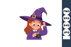 Young girl wizard in purple costume making magic potion vect Product Image 1