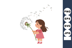 Little girl holding dandelion blowing seeds in gentle breeze Product Image 1