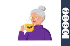 Elderly woman drinking hot beverage with holly design in yel Product Image 1