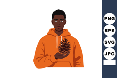 Young man holding large pine cone in orange hoodie vector il Product Image 1