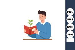 Young man reading book with plant sprout growing educational Product Image 1