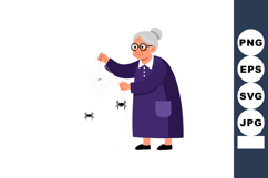 Elderly woman in purple dress holding spider web with spider Product Image 1
