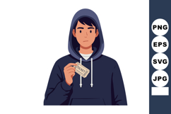 Young man in dark blue hoodie holding ticket illustration ve Product Image 1