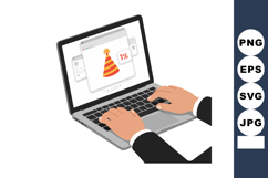 Laptop computer with hands typing and party hat on screen di Product Image 1