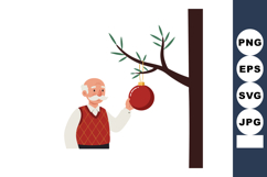 Elderly man hanging red Christmas ornament on tree branch ve Product Image 1