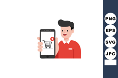 Man showing smartphone with online shopping cart notificatio Product Image 1