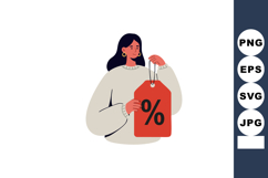 Woman holding red discount percentage tag illustration in ca Product Image 1