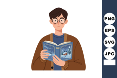 Young man reading winter book with scenic cabin illustration Product Image 1