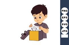 Boy opening gift box with surprise and sparkles illustration Product Image 1
