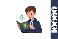 Boy reading spooky ghost book with surprised expression vect Product Image 1