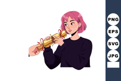 Young woman with pink hair receiving golden Christmas cracke Product Image 1