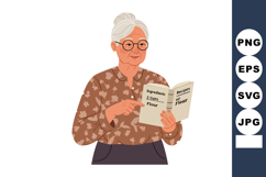 Elderly woman reading recipe book with flour ingredients in Product Image 1