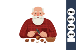 Elderly man cracking nuts with knife sitting at table vector Product Image 1