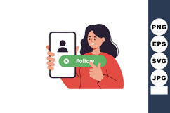 Woman holding smartphone showing follow button social media Product Image 1