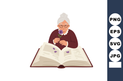 Elderly woman reading book holding violet flower in burgundy Product Image 1