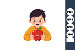 Boy in orange sweater holding red apple with worm surprised Product Image 1
