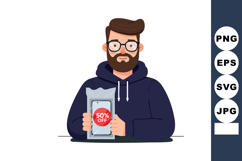 Man holding smartphone with 50 percent off discount in plast Product Image 1