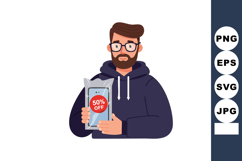 Man holding smartphone with 50 percent off discount promotio Product Image 1