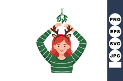 Woman with red hair wearing reindeer antlers holding mistlet Product Image 1