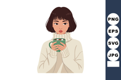 Woman in beige sweater holding green mug with hot drink vect Product Image 1