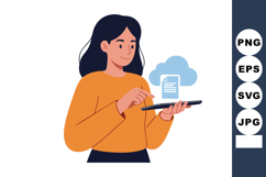 Woman Using Tablet for Cloud Document Upload Orange Top Tech Product Image 1