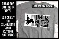 Life is Better Off Road quad SVG quote features an atv rider and a funny four wheeler quote.  Shown on a grey shirt as a project example. Great for cutting in vinyl using cricut or silhouette