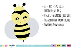 Printable bee clipart for nursery decor, birthday invitations, favor tags and classroom labels.