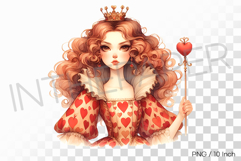Ornate watercolor Queen of Hearts holding a heart staff PNG Product Image 1