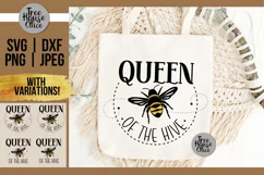 Queen of the Hive Quote Digital File with honeybee silhouette in black and gold shown on a canvas bag.  Queen Bee design is great for cutting in vinyl.    SVG, JPEG, PNG, and DXF file types available