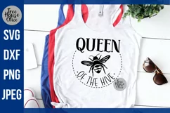 Queen of the Hive Queen Bee Quote Digital File with honeybee silhouette shown in black on a whit shirt.  SVG, JPEG, PNG, and DXF file types available