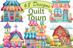 Quilted Town Clipart, Patchwork Village PNG, Cartoon Quilted Product Image 1