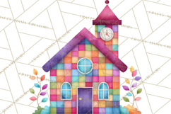 Quilted Town Clipart, Patchwork Village PNG, Cartoon Quilted Product Image 3