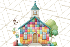 Quilted Town Clipart, Patchwork Village PNG, Cartoon Quilted Product Image 4