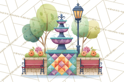 Quilted Town Clipart, Patchwork Village PNG, Cartoon Quilted Product Image 2