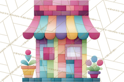 Quilted Town Clipart, Patchwork Village PNG, Cartoon Quilted Product Image 2