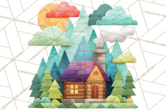 Quilted Town Clipart, Patchwork Village PNG, Cartoon Quilted Product Image 2