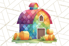 Quilted Town Clipart, Patchwork Village PNG, Cartoon Quilted Product Image 5