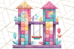 Quilted Town Clipart, Patchwork Village PNG, Cartoon Quilted Product Image 4