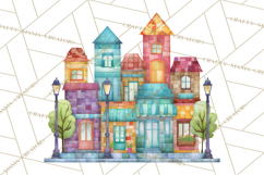 Quilted Town Clipart, Patchwork Village PNG, Cartoon Quilted Product Image 3