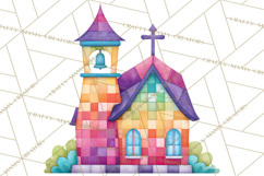 Quilted Town Clipart, Patchwork Village PNG, Cartoon Quilted Product Image 4