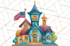 Quilted Town Clipart, Patchwork Village PNG, Cartoon Quilted Product Image 4