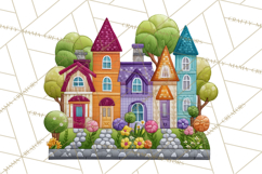 Quilted Town Clipart, Patchwork Village PNG, Cartoon Quilted Product Image 5