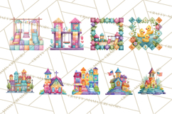 Quilted Town Clipart, Patchwork Village PNG, Cartoon Quilted Product Image 2