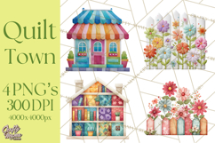 Quilted Town Clipart, Patchwork Village PNG, Cartoon Quilted Product Image 1