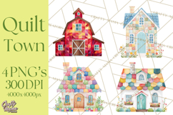 Quilted Town Clipart, Patchwork Village PNG, Cartoon Quilted Product Image 1