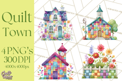 Quilted Town Clipart, Patchwork Village PNG, Cartoon Quilted Product Image 1